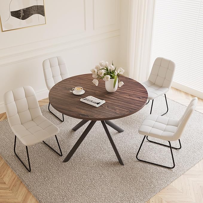HIPIHOM 45.3 Inch Round Dining Table Set for 4, Mid Century Modern Small Coffee Set for Dining Room Kitchen Apartment (Dark Walnut Table + 4 U-Shaped White Chairs)