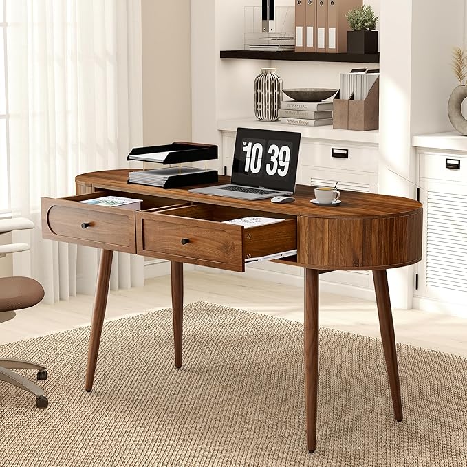Mid-Century 59" Wood Writing Desk, Home Office Computer Laptop Desk with 2 Flip Storage Space + 2 Drawer, 150 CM Elegant Fluted Vanity Table Multifunctional Study Desk for Office, Bedroom (Wlanut)