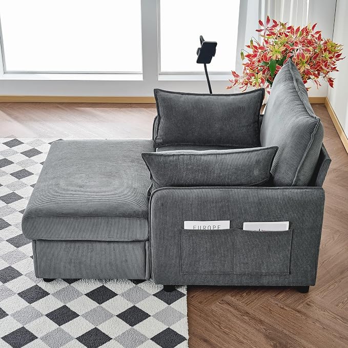 55" Modern Accent Chair with USB Ports, Storage Ottoman & Adjustable Holder, Corduroy Chaise Lounge for Reading in Apartment Living Room (Grey)