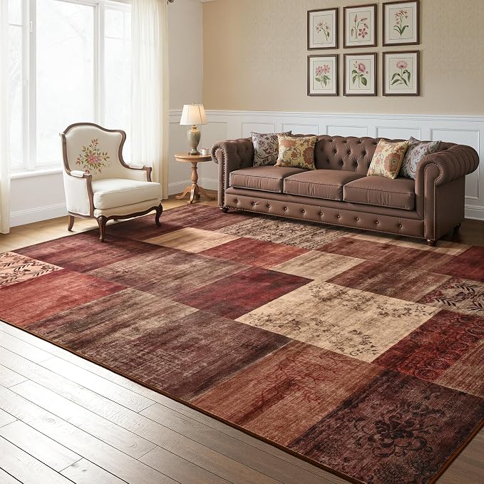 Tepook Modern Area Rug for Living Room, 8x10 Geometric Large Rugs for Bedroom, Washable Patchwork Rug Indoor Non-Slip Throw Carpets for Dining Room Office Farmhouse Home Decor, Red