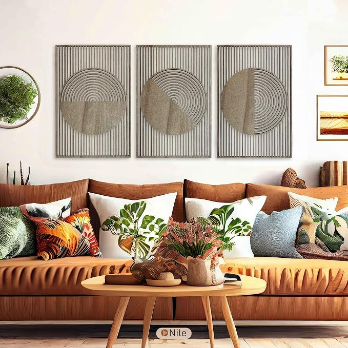 Living Room Wall Art featuring Boho Wood Wall Decor, Mid Century Modern Geometric Circle Wooden Wall Art, Set of 3 Decorative Wall Panels Gift for Bedroom