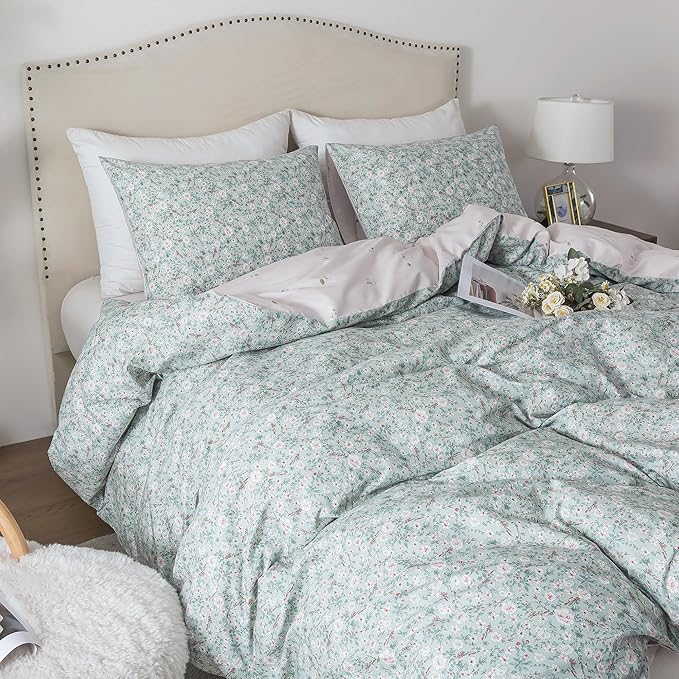 HoneiLife Duvet Cover King Size - 100% Cotton Comforter Cover Floral, Light Green Duvet Cover with Zipper Closure and Corner Ties, 3-Piece Wildflower Comforter Cover Sets