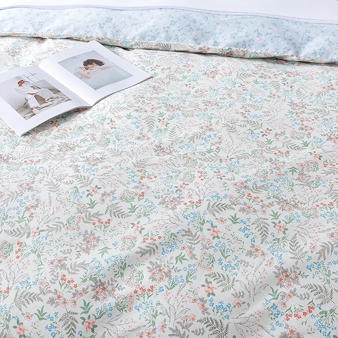 HoneiLife Wildflower Duvet Cover Queen - 100% Cotton Comforter Cover Sets, 3-PC Comfortable Floral Bedlinen Set, Botanical Duvet Cover with Zipper Closure & Corner Ties
