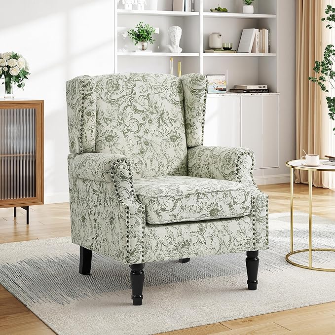 Pia Ricco Set of 2 Floral Accent Chairs, High Back Upholstered Armchairs with Retro Wingback Design, Nailhead Trim & Solid Wood Legs for Living Room Bedroom(Plants Green)