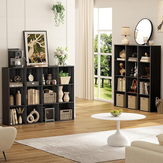 VDNEND Wooden Storage Organizer with Closed Back Panel, 11in Cube Shelf Opening, Bookshelf, Display Shelf,Closet Cabinet for Home and Office (Black, 12-Cube 35.98L*9.45W*47.72H)