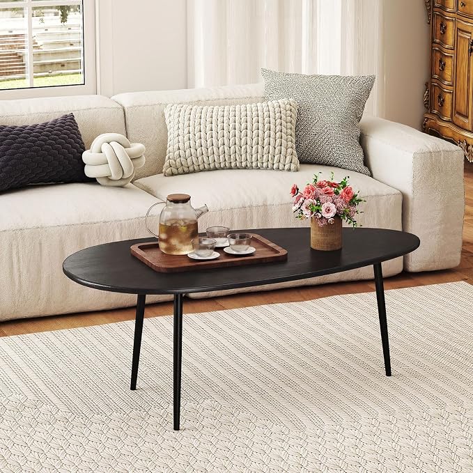 Giantex Oval Coffee Table, Mid Century Modern Center Table with Sturdy Metal Frame and Compact Design, Vintage Accent Cocktail Tea Table, Wood Living Room Tables for Small Spaces (Black)