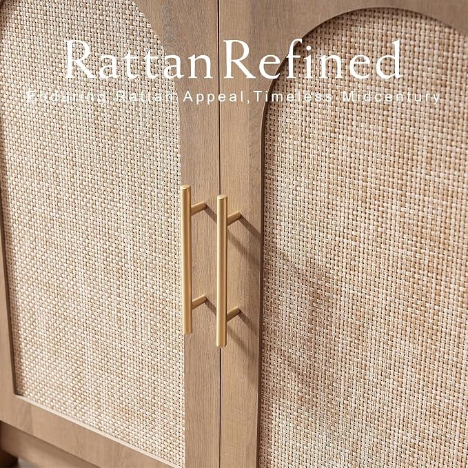 RowyPoey Rattan Arched Cabinet Bookshelf - 69.3” Tall Mid Century Display Cabinet, Rounded Bookcase with Rattan Doors, Open Shelf Storage for Dining Room (Caramel Oak, 2 PCS)