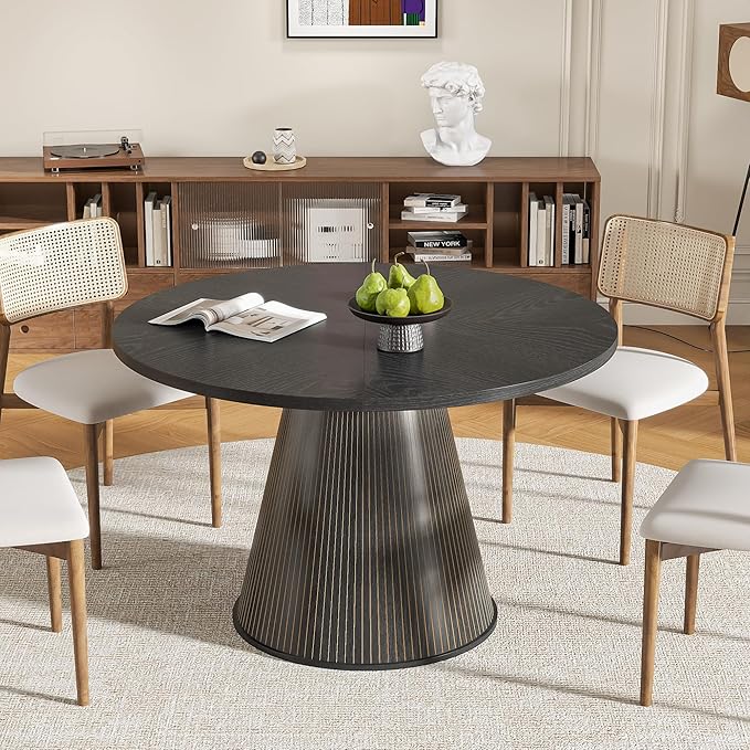 Round Dining Table for 4, Farmhouse Fluted Dining Kitchen Table, 47 Inch Modern Wood Small Circle Dining Table for Kitchen Living Room (Black, 47inch)