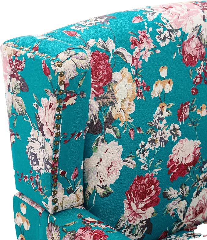 High Back Floral Accent Chair, Upholstered Armchair in Fabric, Retro Printed Wingback Arm Chair for Living Room, Nailhead Trim Single Sofa Bedroom Reading Seat - Peacock Blue