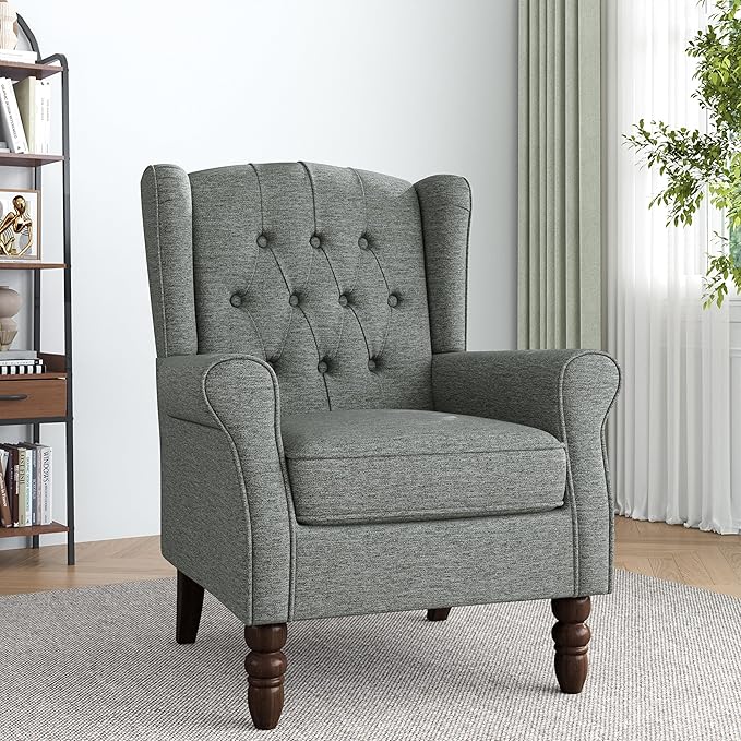 Accent Chair, High Back Upholstered Chair with Button Tufted, Mid-Century Modern Comfy Wingback Chair Reading Armchair in Fabric for Living Room for Bedroom, Office-Gray