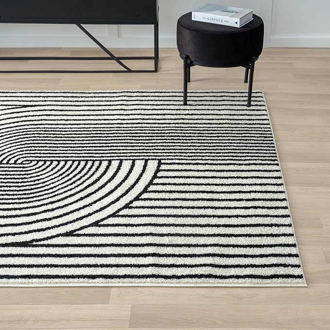 Abani Nuevo Collection Area Rug - Mid-Century Black and White Arch Knot Design - 2'6" x 6' - for Living Room, Bedroom & Office