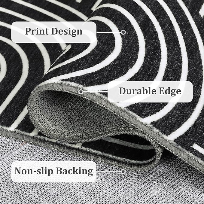 Washable Rug 4ft Area Rugs for Living Room, Abstract Rug for Bedroom, Soft Rainbow Non Slip Throw Rugs with Rubber Back, Low Pile Stain Resistant Boho Geometric Carpet for Dining Room,Black