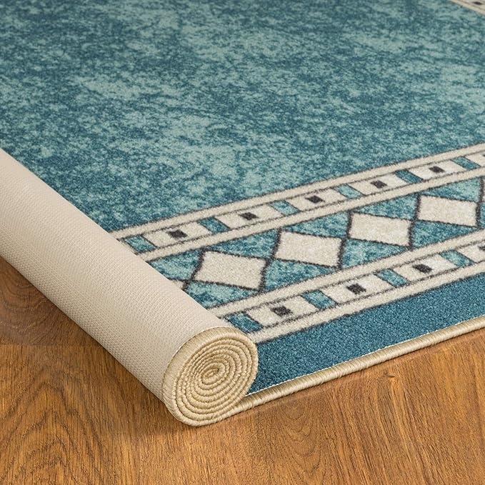 Antep Rugs Alfombras Modern Bordered 4x6 Non-Skid (Non-Slip) Low Profile Pile Rubber Backing Indoor Area Rugs (Blue, 4' x 5'8")