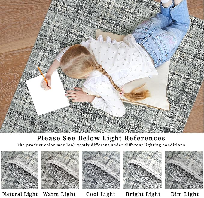 Washable Plaid Rug - Modern Farmhouse Green 6'x9' Non Slip Stain Resistant Carpet for Living Room, Bedroom, Dining Room, Office, Nursery