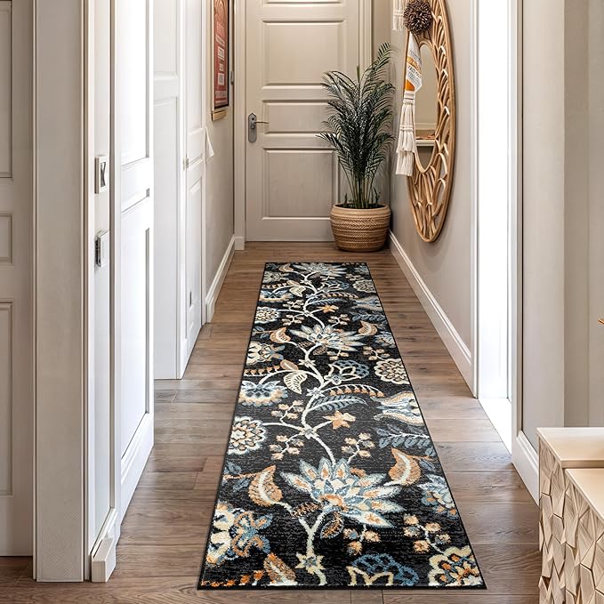 Rugshop Black Floral Runner Rug – Colorful Botanical Indoor Carpet for Living Room, Bedroom, or Dining Room – Soft Low-Pile, Non-Shedding Traditional Runner Rug 2' 3" x 12'