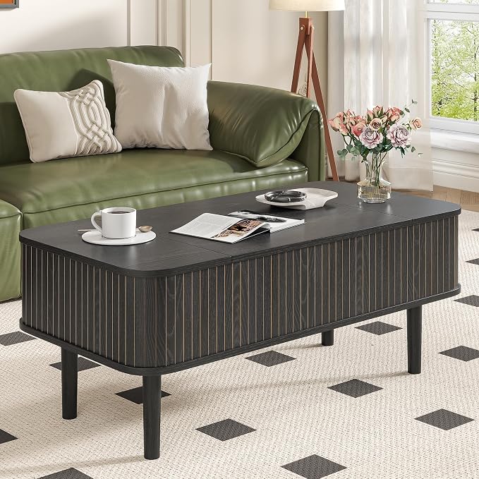 Fluted Lift Top Coffee Table with Storage, Mid Century Modern Coffee Table for Living Room, Home Small Space,39.4" Fluted Center Table (Rectangle-Black, 39.4inch)