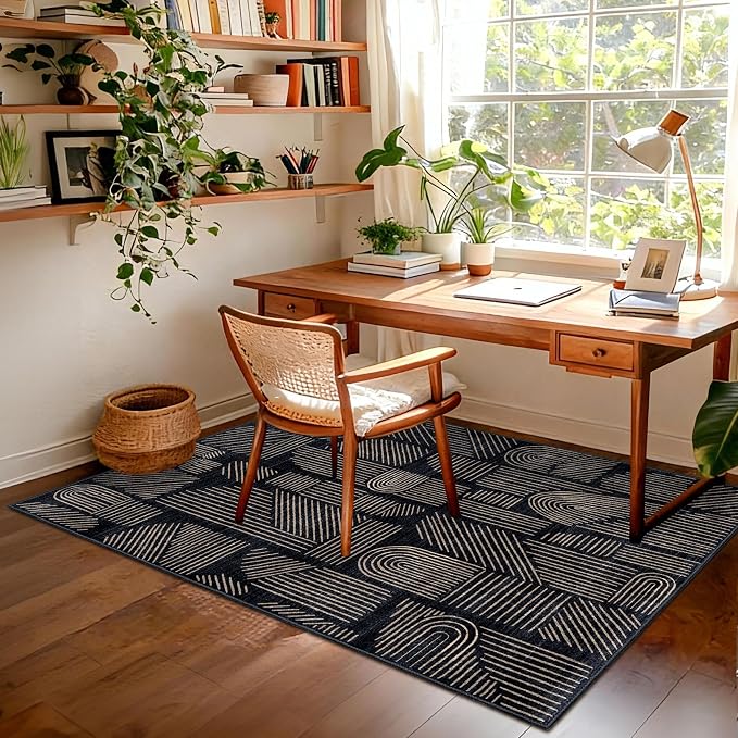 MUJOO 3x5 Washable Rug,Mid Century Modern Abstract Non Slip Low Pile Area Rug,Black and Gold Rug for Living Room Bedroom Entryway
