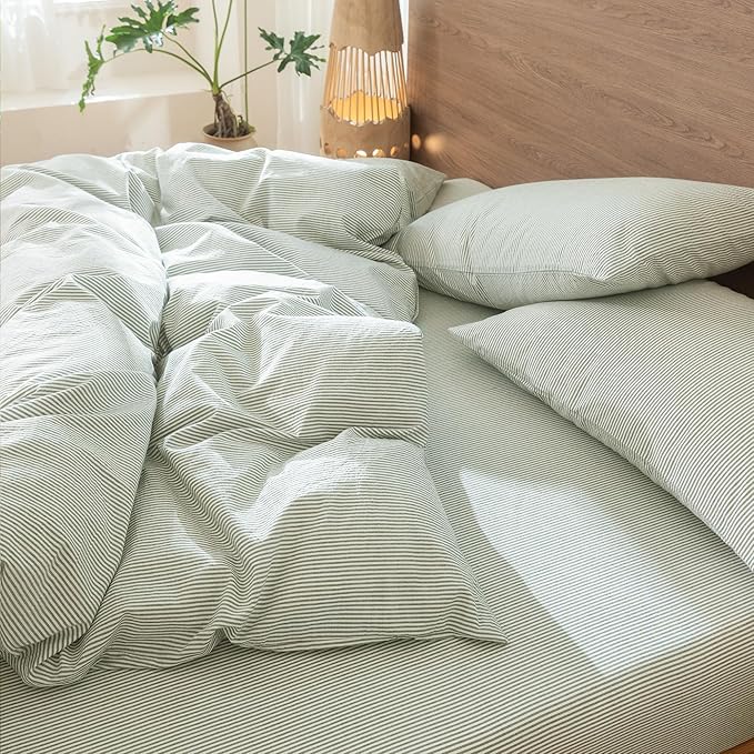 MooMee Striped Duvet Cover Set 100% Washed Cotton Linen Like Textured Breathable Durable Soft Comfy (Sage Green White Pinstripes, Cal King 104"x98")