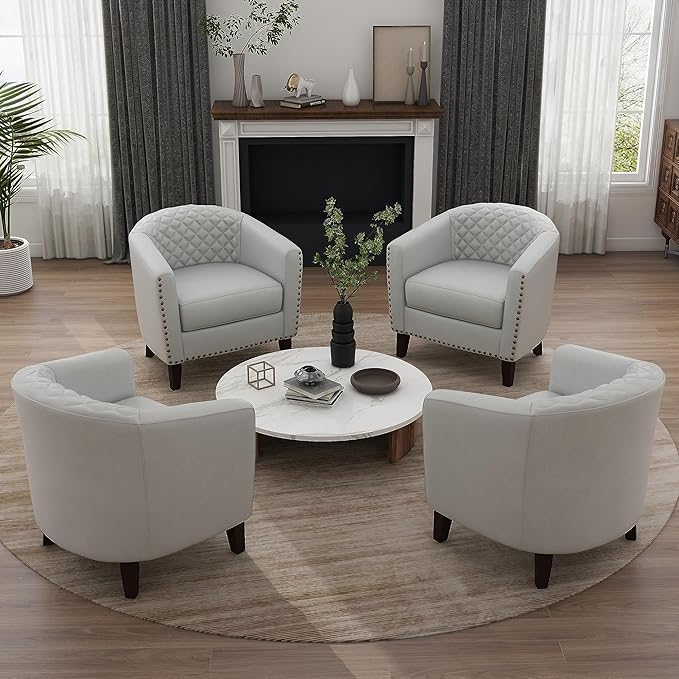 UIXE Faux Leather Barrel Accent Chairs Set of 4, Modern Club Upholstered Arm Chair, Comfy Armchair Nailed Trim Living Room Single Sofa Reading Seat Bedroom Side Sitting for Office, White