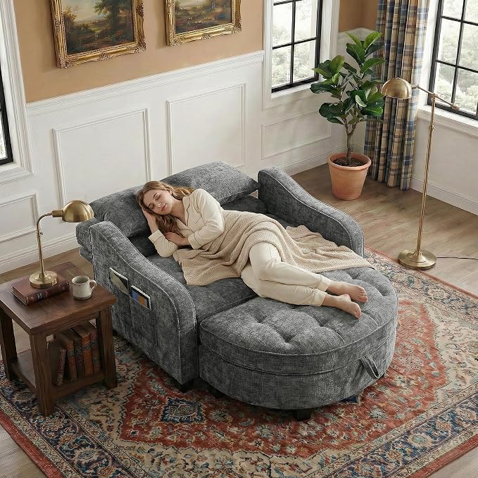 Round Chaise Lounge Chair with Storage Ottoman, Oversized Bubble Chair and a Half Featuring Adjustable Backrest, Plush Reading Accent Chair and Ottoman Set for Bedroom, Silver Grey