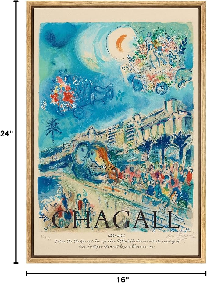 SIGNLEADER Framed Canvas Print Wall Art Chagall Crescent Moon Pastel Floral Landscape Classic Vintage Illustrations Fine Art Decorative Multicolor for Living Room, Bedroom, Office - 16"x24" NATURAL