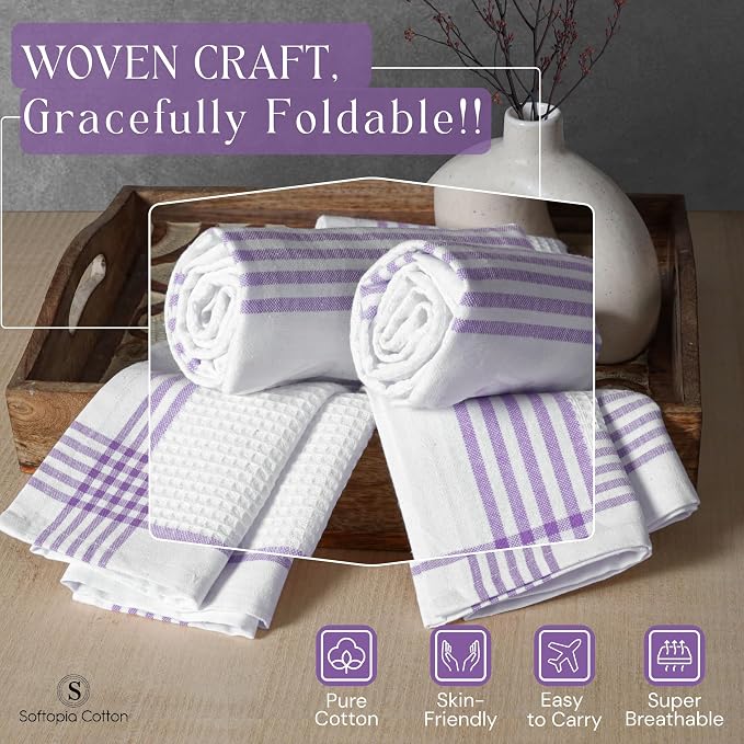 Waffle White & Lavender Kitchen Dish Towels 12 Pack, 100% Cotton, 16"x26", Thick Hand Towel for Drying Dishes, Quick Dry Washcloths, Perfect for Bar, Cooking, Serving, Cleaning