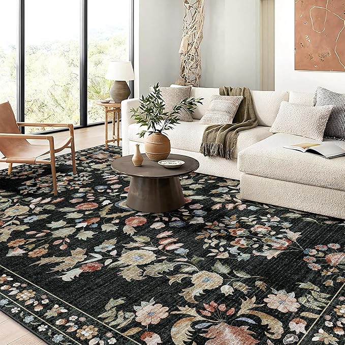 MUJOO 9x12 Area Rug Washable,Large Floral Rugs for Living Room Bedroom Dining Room,Boho Indoor Floor Rug Non Slip Throw Carpet Low Pile Vintage Black
