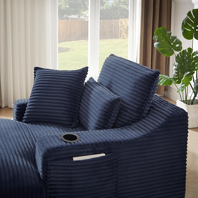 67" Oversized Chaise Lounge Chair Indoor, Boneless Cloud Couch with 3 Pillows, 2 Side Pockets and 2 Cup Holders, Corduroy Sleeper Sofa Bed for Living Room Bedroom Reading Nook - Blue | Breathable material