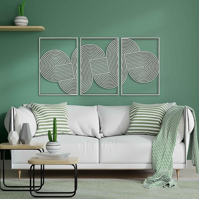 Living Room Wall Art for Mid Century Modern Interiors, Triptych Boho Wall Panels, Geometric Circle Loop Wooden Wall Decor, Home Gift for Bedroom