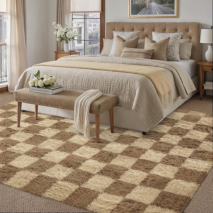 Checkered Rug 5x8 for Living Room, Brown Modern Shag Rug Super Soft Washable Indoor Fuzzy Carpet Non-Slip Fluffy Rugs for Bedroom Home Aesthetic Decor