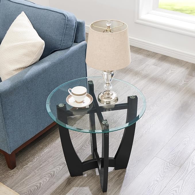 23.5" Round Glass End Table, Modern Side Table with Tempered Glass Top and Black Solid Wood Base, Small Circular Coffee Table for Living Room, Office, Apartment