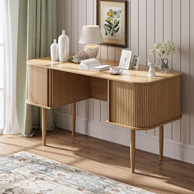 MAISONARIA 55" Modern Writing Desk with Storage, Wood Home Office Desk with Sliding Doors, Computer Desk for Home Office, Dorm, Living Room, Home Study Table, Natural