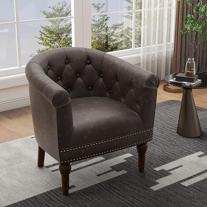 UIXE PU Leather Barrel Club Chairs Set of 2, Modern Arm Accnet Chair Comfy Upholstered Armchair, Nailhead Trim Living Room Single Sofa Reading Seat Bedroom Side Sitting for Office, Chocolate
