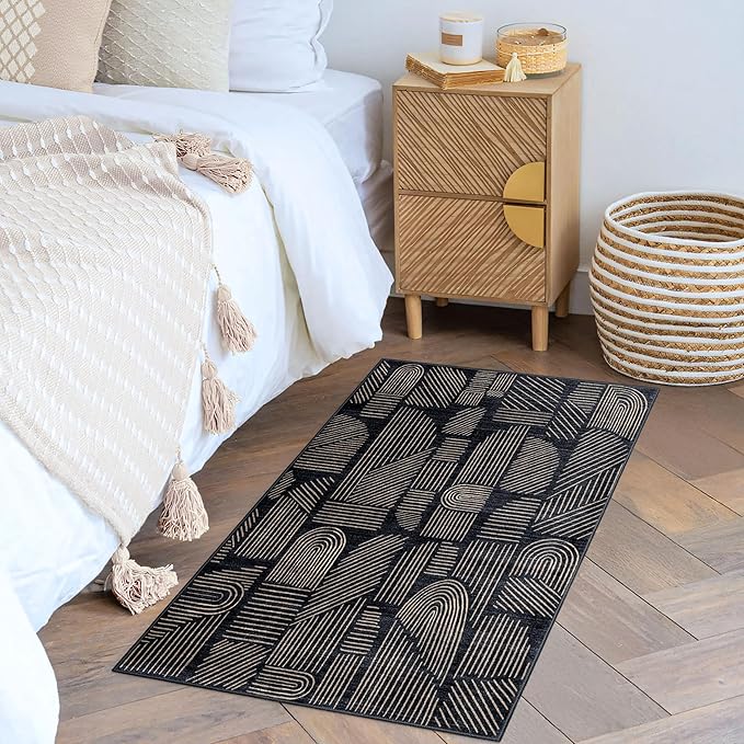 MUJOO 2x3 Washable Rug,Mid Century Modern Abstract Non Slip Low Pile Small Area Rug,Black and Gold Rug for Entryway Bathroom Kitchen Bedroom
