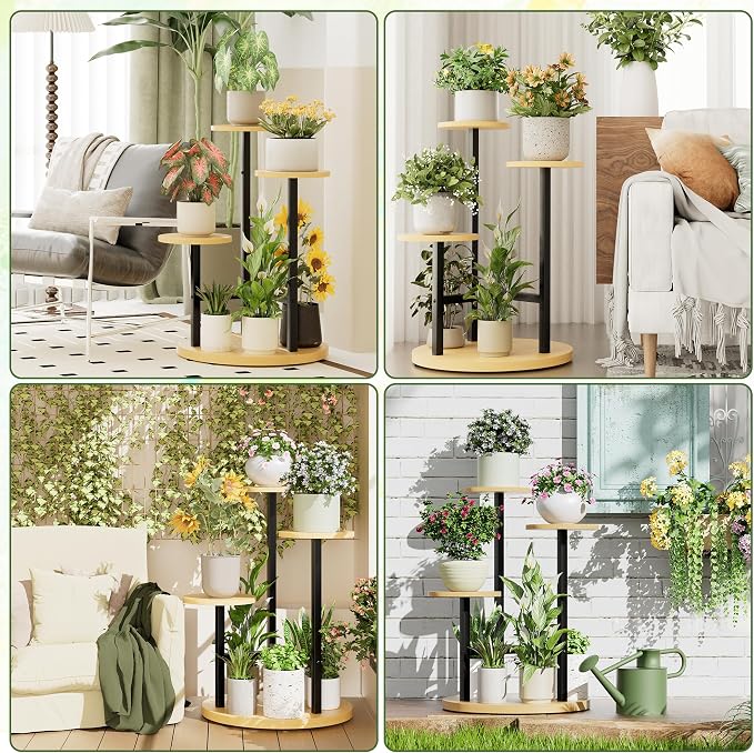 3 Tiers Black Plant Stand Indoor Tall Metal Wood Plant Shelf Outdoor Plant Stands Indoor Plant Table Rack Tiered Plant Stand Garden for Living Room Balcony Patio - RoundLight