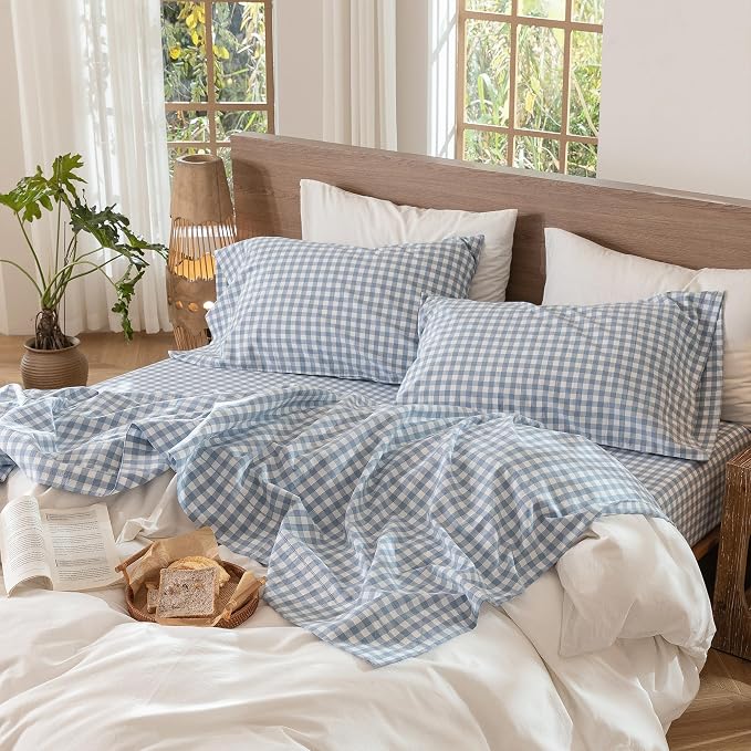 MooMee Gingham Sheet Set 100% Washed Cotton Linen Like Textured Breathable Soft w/Fully Elasticized 16-19" Deep Pocket (Classic Gingham Cornflower Blue, Queen)