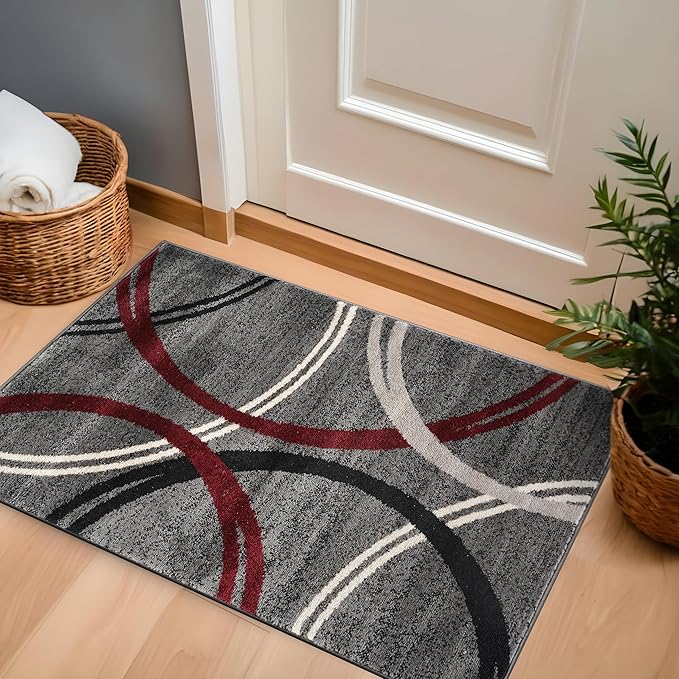 Rugshop Modern Wavy Circles Design Non-Shedding Accent Rug, Carpet for Entryway or Laundry Room, Red, 2'7" x 4'