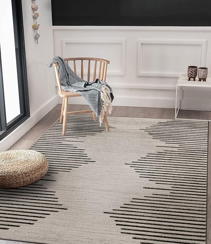 Rugshop Bohemian Stripe Stain Resistant High Traffic Living Room Kitchen Bedroom Dining Home Office Area Rug 4' x 6' Cream