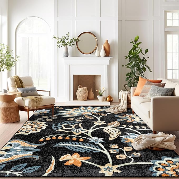 Rugshop Black Floral Area Rug – Colorful Botanical Indoor Carpet for Living Room, Bedroom, or Dining Room – Soft Low-Pile, Non-Shedding Traditional Rug 7' 10" x 10'