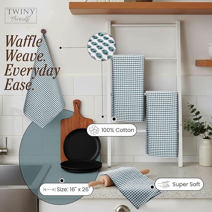 TWINY threads Circle Waffle Kitchen Dish Towels 16x26 Inches, Set of 4, 100% Cotton, Premium Quality, Durable, Waffle Texture, Multi Use Cleaning Cloths, Ideal for Home Kitchens, Hotels, Teal Green