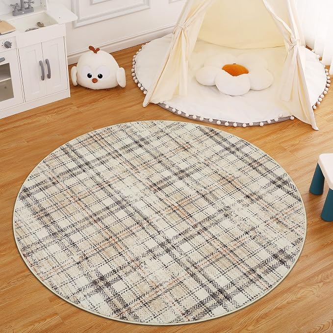 Tartan Plaid Round Rugs 6Ft Washable Area Rug for Playroom, Kids Non-Slip Neutral Classic Circle Rug Modern Large Carpet Soft Boys Rug for Classroom Dorm Bedroom, Beige
