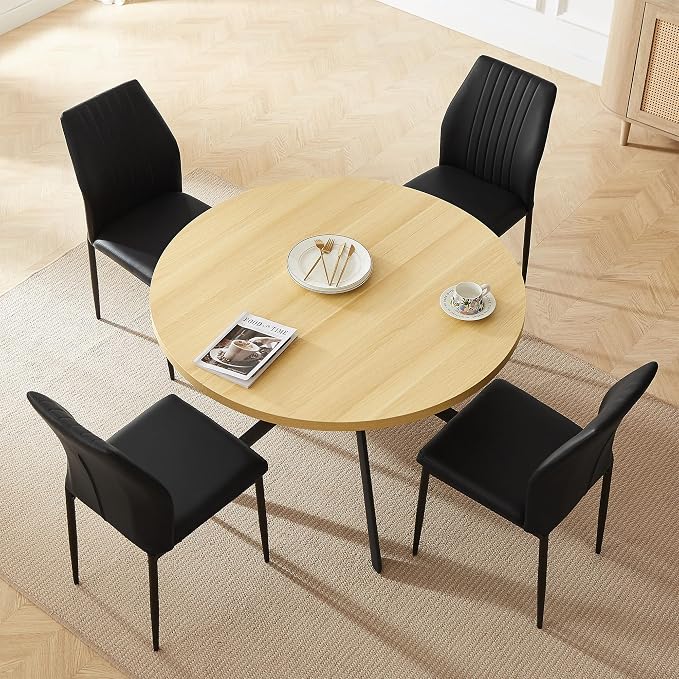HIPIHOM 45.3 Inch Round Dining Table Set for 4, Mid Century Modern Coffee Set for Dining Room Kitchen Apartment (Cream Table + 4 Black Chairs)