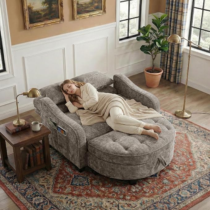 Round Chaise Lounge Chair with Storage Ottoman, Oversized Bubble Chair and a Half Featuring Adjustable Backrest, Plush Reading Accent Chair and Ottoman Set for Bedroom, Mocha Brown