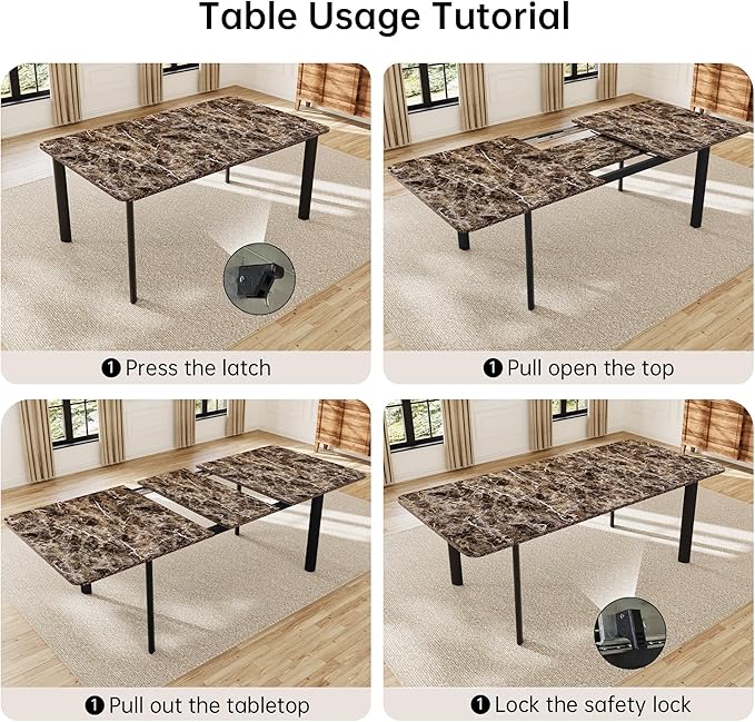 Extendable Dining Table Set for 6-8 People, 63 to 78.7 Inch MDF Kitchen Table with 6 Upholstered Chairs, Space-Saving for Dining Room, Breakfast Nook (Brown Table & 6 Black Chairs)