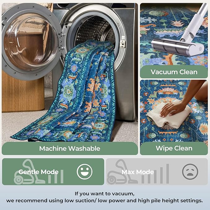 Kokia Green Living Room Area Rug Washable Non Slip Low Pile 6x9 Vintage Oushak Stain Resistant Soft Oriental Rugs for Bedroom, Dining Room, Kitchen, Indoor Leisure Rooms, Nova Peacock