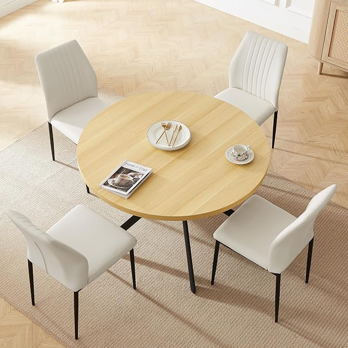 HIPIHOM 45.3'' Walnut Round Dining Table Set for 4, Mid Century Modern Small Coffee Set for Dining Room Kitchen Apartment (Cream Table + 4 White Chairs)