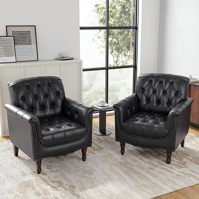 Faux Leather Club Chair, Retro Upholstered Armchair Accent Chair with Solid Wood Legs & Nailhead Trim for Living Room, Bedroom, Reading Room, Blue Black