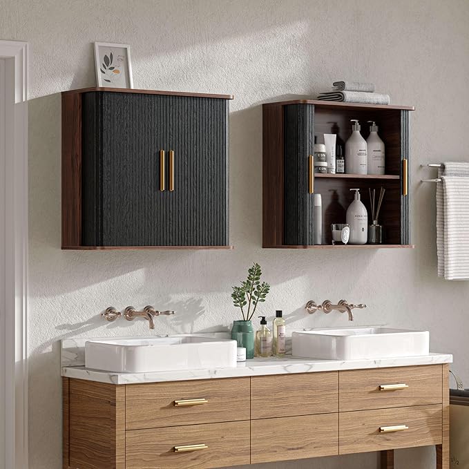 FIMELLO 59" W Laundry Room Cabinets Wall Mounted, Kitchen Wall Cabinet with Sliding Tambour Door, Floating Cabinet for Wall, Upper Cabinets, Hanging Wall Cabinets, Black Walnut