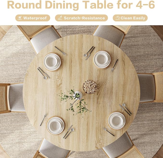 Round Dining Table for 4-6, 43.3" Modern Farmhouse Kitchen Table with Hidden Storage & Tambour Door, Japandi Style Wood Pedestal Circle Table for Small Spaces, Apartment, Dining Room, Classic Oak