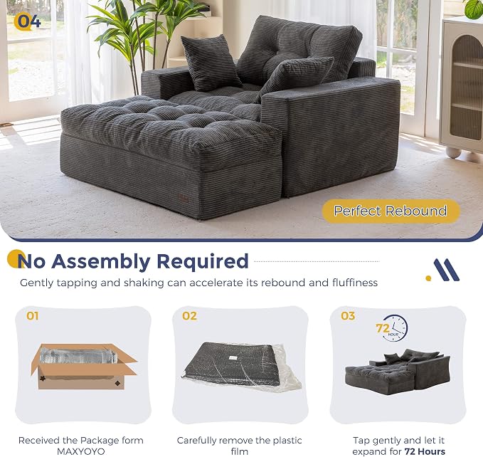 MAXYOYO Oversized Chaise Lounge Sofa, Upholstered Lounge Chair with 3 Pillows, Tufted Boneless Sofa Couch with Ottoman, Deep Seat Chair for Living Room, No Assembly, Dark Grey